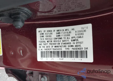 2014 Honda Accord Ex z USA, uszkodzony, nr VIN 1HGCR2F77EA054305